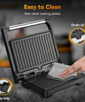 Yashe 1200W Panini Press Grill and Sandwich Maker With Nonstick Plates is easy to clean, showcasing a drip tray and nonstick surface.