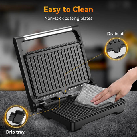 Yashe 1200W Panini Press Grill and Sandwich Maker With Nonstick Plates is easy to clean, showcasing a drip tray and nonstick surface.