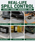 Heavy Duty Oil Absorbent Pads 15 By 20 Inches 50 Pack in use under factory machine and garage car leak for spill control.