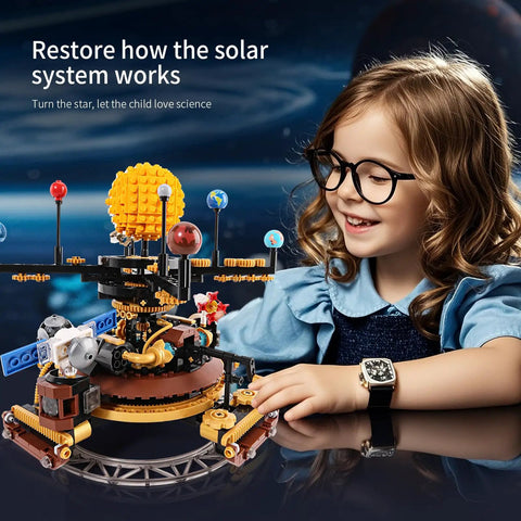 Mechanical Solar System Orrery Kit With 946 Pieces Rotating Planets Gear Driven Model No Batteries Needed Educational STEM Astronomy Toy For Kids Ages 8 Through 14 Includes Rocket Set Compatible With Space Themed Building Sets, child with gear model