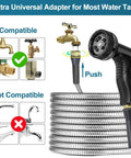 Stainless Steel Garden Hose 75ft Heavy Duty Metal Water Hose with 10 Function Nozzles shown with brass adapter compatibility.