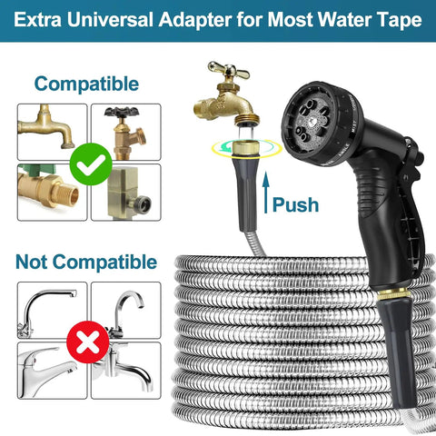 Stainless Steel Garden Hose 75ft Heavy Duty Metal Water Hose with 10 Function Nozzles shown with brass adapter compatibility.