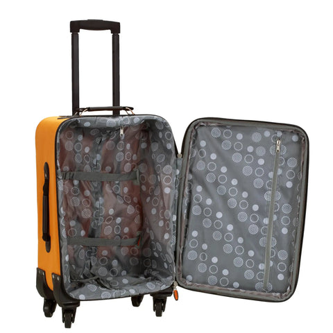 Interior view of Expandable Spinner Carry On Luggage 19 Inch Orange with open pockets, aluminum telescoping handle visible