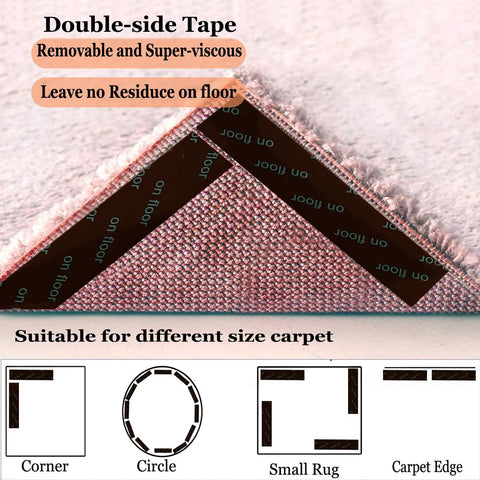 Close-up of non slip rug grippers for hardwood floors pack of 8, showing adhesive side under a pink carpet edge.