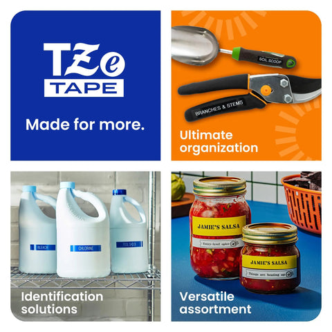 Two Pack Half Inch By Twenty Six Feet Laminated Label Tape Black On White used for labeling containers and jars in an organized storage setup.