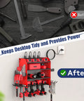Heavy Duty Power Tool Organizer Wall Mount With Charging Station And Four Layer Garage Storage Shelves Keeps Four Drills Two Hooks Screwdriver Box And Screw Organizer Ready To Rock For Fathers Day Or Anniversary installed on a wall showing organized tools.