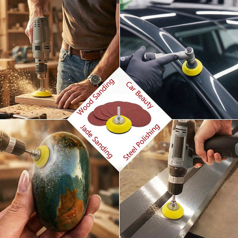 Pro Grade 320 Piece 3 Inch Sanding Discs Kit with 16 grits shown used on wood, car, stone, and metal surfaces with drill tools