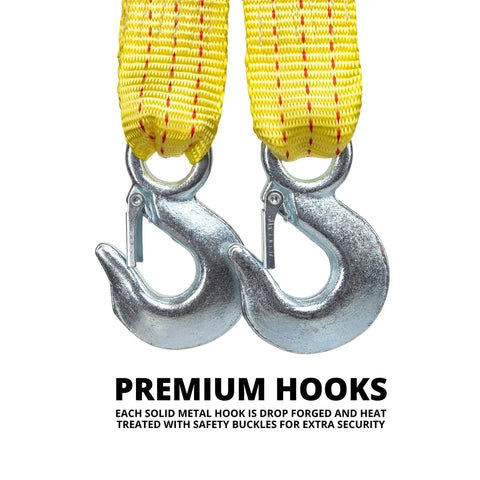 Heavy Duty Tow Strap With Hooks, 2 Inch By 20 Foot, 10,000 Pound Capacity, Bright Yellow Polyester Webbing Recovery Strap