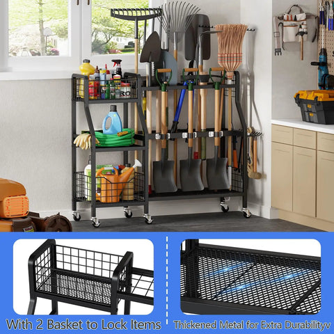 Heavy Duty Garden Tool Organizer On Wheels With Six Wheels Three Lockable And Two Baskets Large Metal Garage Tool Storage