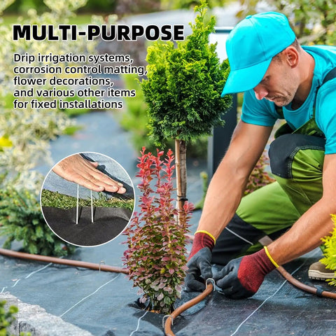 Man securing landscape fabric with 24 Pack Sturdy Garden Landscape Staples 6 Inch Galvanized Steel Sod Pins Anti Rust Stakes