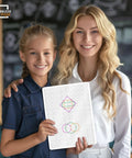 Child and teacher holding Flexible Dry Erase Sheets 9x12 Pack Of 10 For Math Practice And Graphing with geometric drawings.