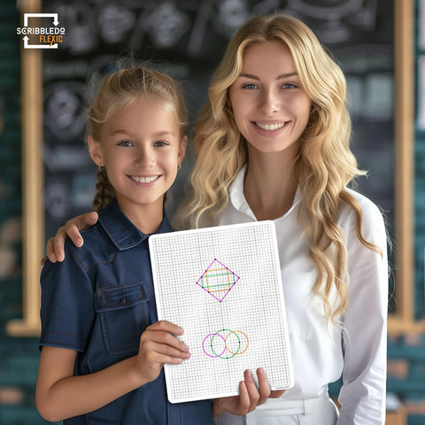 Child and teacher holding Flexible Dry Erase Sheets 9x12 Pack Of 10 For Math Practice And Graphing with geometric drawings.
