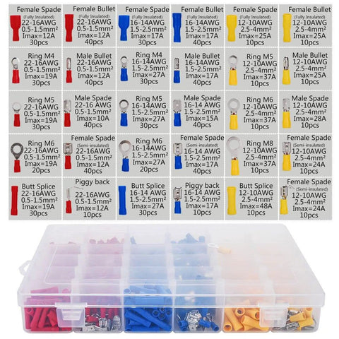 Ultimate 720 Count Tubular Wire Connector Kit Featuring Color Coded Electrical Terminals, Insulated Cable Ferrules In Yellow Red Blue, Heavy Duty Crimping Tool, Perfect For Pro Auto Home Wiring Projects. Assorted ring, spade, bullet connectors in case