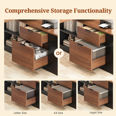 File drawers of L Shaped Standing Desk With Electric Height Adjustment For Sit-Stand Comfort, black walnut finish.