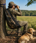 Hunter sitting in Low Profile Hunting Chair Hammock Seat With 360 Degree Swivel Portable Camouflage Ground Stool For Deer And Turkey