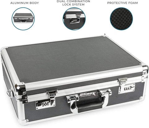 Medium Aluminum Hard Case With Pre Cut Foam For Easy Travel And Storage Of Drones And Gear For DJI Mavic Series Autel Evo Ryze Tello And More Built Tough For Real World Travel, shown from top angle with locks and foam detail.