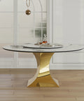Top Tier 59 Inch Round Sintered Stone Dining Table With Faux Marble Top Easy Spin Lazy Susan Gold Stainless Steel Base