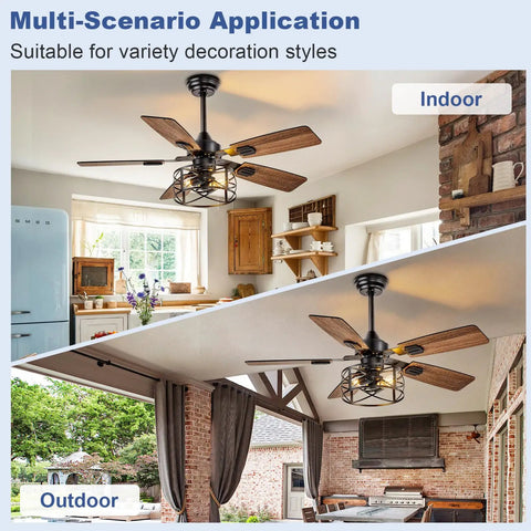 Rustic 42-Inch Farmhouse Ceiling Fan With Cage Light And Remote Dual Finish Black Walnut Blades in indoor and outdoor settings