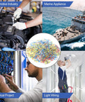 Collage showing uses of 100 Pack Blue Waterproof Solder Seal Wire Connectors 16-14 AWG in automotive, marine, and electrical projects.
