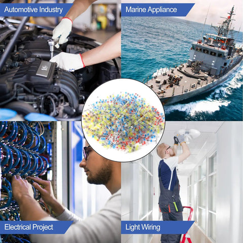 Collage showing uses of 100 Pack Blue Waterproof Solder Seal Wire Connectors 16-14 AWG in automotive, marine, and electrical projects.