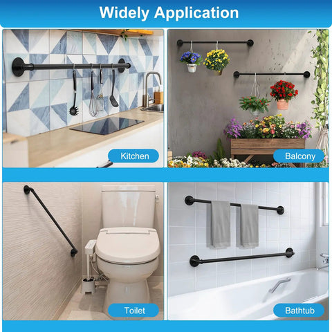 Heavy Duty 3 Pack Wall Mounted Pipe Handrail For Staircases And Porch Steps Black Galvanized Steel Grab Bars in kitchen, toilet, balcony, and bathtub settings.