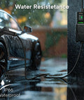 Level One And Two EV Charger 40 Amp 25 Ft Portable J1772 Nema 1450 Station charging in rain with waterproof design.