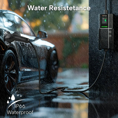 Level One And Two EV Charger 40 Amp 25 Ft Portable J1772 Nema 1450 Station charging in rain with waterproof design.