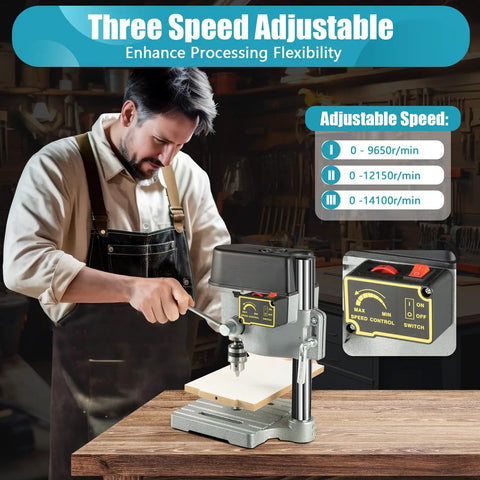 Chill Out On Craft Time With This Tough Little Benchtop Drill Press Featuring A Reliable 340W Motor And Snappy Three Speed Controls handle wood or metal drilling using adjustable speeds.