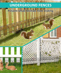 No Dig Animal Barrier Fence Kit With 25 Panels Measuring 17 Inches High And 27 Feet Long Garden Fence Border For Rabbits And Dogs Rustproof Metal Fence To Stop Digging And Prevent Escapes In Yard Patio shown installed along wooden and lattice fences with rabbits and squirrels.