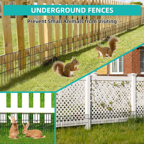 No Dig Animal Barrier Fence Kit With 25 Panels Measuring 17 Inches High And 27 Feet Long Garden Fence Border For Rabbits And Dogs Rustproof Metal Fence To Stop Digging And Prevent Escapes In Yard Patio shown installed along wooden and lattice fences with rabbits and squirrels.
