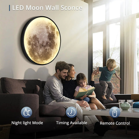 Family in living room with Dimmable Moon Wall Light 23 Inch With Remote Control Plug In Modern LED Wall Lamp 30W Black Night Light