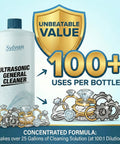Ultrasonic Cleaner Solution Concentrate bottle with text showing 100+ uses per bottle and concentrated formula for 25 gallons.