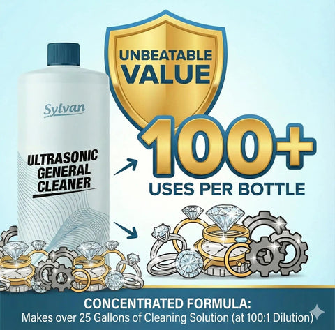 Ultrasonic Cleaner Solution Concentrate bottle with text showing 100+ uses per bottle and concentrated formula for 25 gallons.