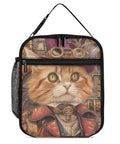 Steampunk cat design on insulated lunch bag for women with side pocket and durable zippers keeps food fresh all day water resistant