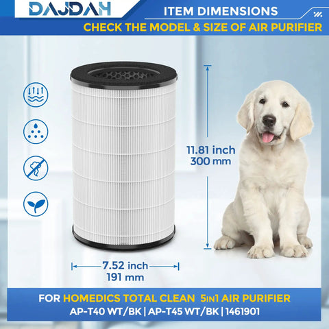 Replacement Filter For Total Clean 5 In 1 Air Purifier True HEPA 5 Stage Pro Grade with puppy, dimensions listed, 1 pack