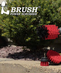 Drill Powered Outdoor Cleaning Brush Kit For Patio, Deck, Concrete And Gutters with red stiff brush, next to a drill