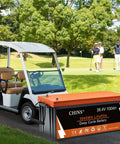 36V Lithium Golf Cart Battery 100Ah LiFePO4 with Built-In Bluetooth 200A BMS beside golf cart on course