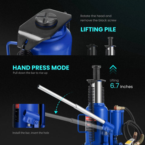 20 Ton Pneumatic Air Hydraulic Bottle Jack With Manual Hand Pump For Cars Trucks And Trailers Heavy Duty Auto Repair Lift Blue Great For Roadside Emergencies Maintenance And Garage Jobs With Adjustable Height And 200 PSI Capacity