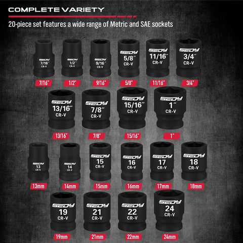 Half Inch Drive Socket Set 25-Piece SAE And Metric Impact Sockets Displayed in Various Sizes for Repair Mechanic Garage Use