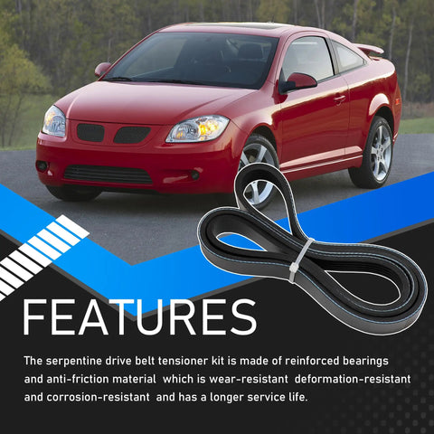 Serpentine Drive Belt Tensioner Kit Replacement For GM Vehicles including Chevy Cobalt next to car, features shown.