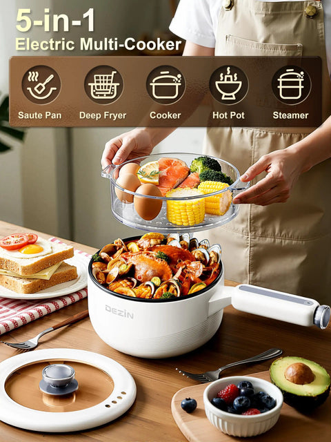 Electric Hot Pot With Steamer 2L Nonstick Saute Pan 5 In 1 Fast Easy Multifunctional Cooker in kitchen with food items