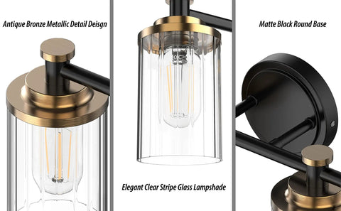 Close-up of Three Light Black Brass Vanity Fixture With Clear Striped Glass Shades E26 Base; antique bronze and black details