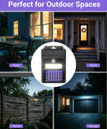 Solar Powered Bug Zapper Outdoor 2 In 1 Waterproof Cordless Mosquito Killer Lamp With UV Light And Motion Sensor Light shown on patio, porch, fence, garage.