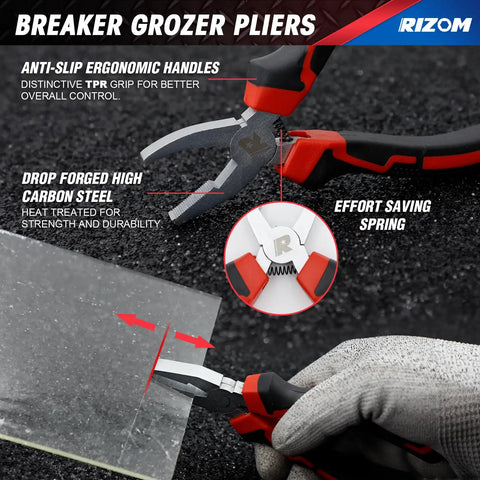 Heavy Hitter Glass Cutting Tool Kit With Universal Heads For Stained Glass And Craft Projects No Sweat Running Pliers Smooth Tile Breaker Reliable Grip Build showing breaker grozer pliers with ergonomic handles for glass cutting.