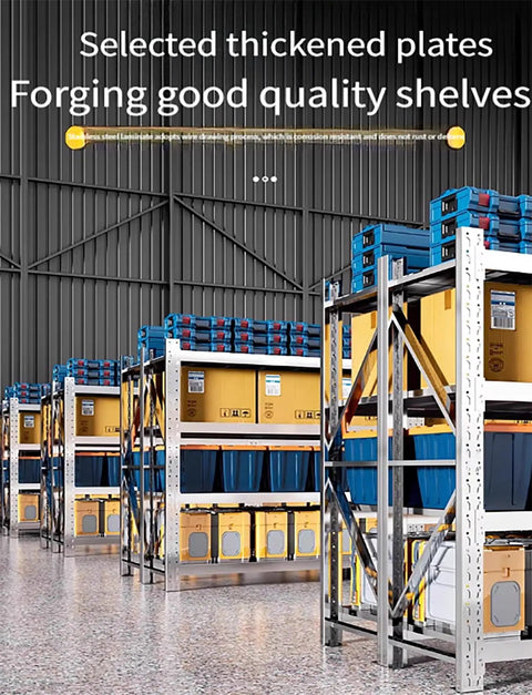 Bulletproof Heavy Duty Garage Shelving Unit With 450Kilo Capacity Rock Solid Stainless Steel Storage Rack loaded with yellow boxes in a warehouse.
