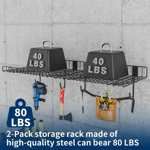 2 Pack Heavy Duty Wall Shelves For Garage And Home Mounts Steel Floating Shelves With Mesh Rack 80 lb total load