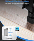 18 Gauge Brad Nails 1 Inch Galvanized Finish Ideal For Upholstery Trims Woodworking 5000 Pcs Per Box Sharp Chisel Point For Easy Penetration And Durable Hold A Real Workhorse shown being nailed into wood