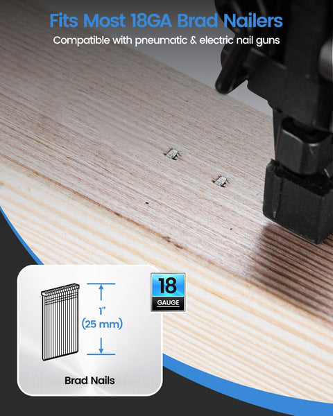 18 Gauge Brad Nails 1 Inch Galvanized Finish Ideal For Upholstery Trims Woodworking 5000 Pcs Per Box Sharp Chisel Point For Easy Penetration And Durable Hold A Real Workhorse shown being nailed into wood