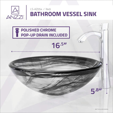 Mezzo Slumber Wisp Sleek Tempered Glass Vessel Sink Bowl In Grey Finish shown with polished chrome pop-up drain, 16.5 inches diameter