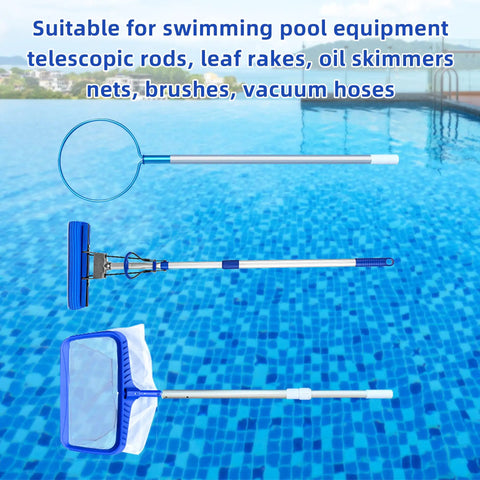 Heavy Duty Black Pool Fence Hooks Set Of 2 Slip On Hangers for pool poles and equipment by pool, showing telescopic tools